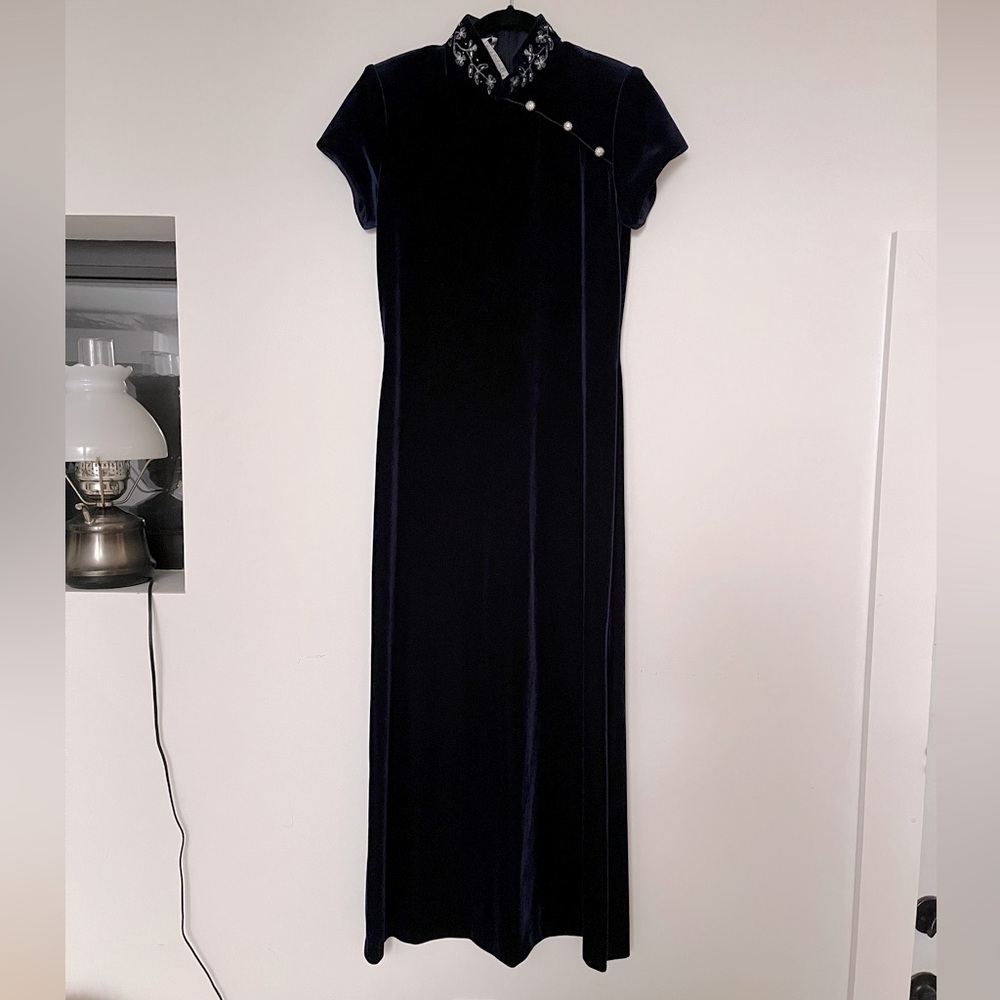 Velvet QiPao Dress in Midnight Blue